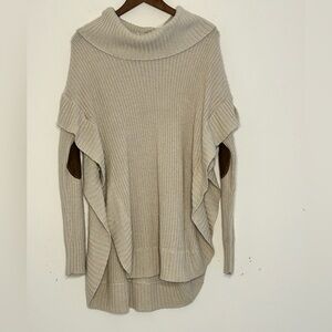 Alya M/L Beige Knit Sweater Poncho Cowl Neck Elbow Patch M/L
